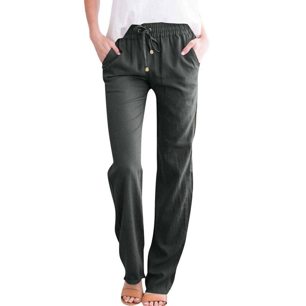Women Casual Cotton And Linen Drawstring Elastic Waist Long Straight Pants