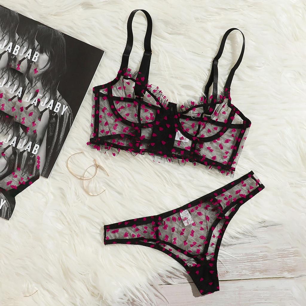 Women Sheer Mesh Lingerie Set with Embroidered Heart Pattern Adjustable Straps Underwire Bra and Matching Panties Lingerie Set for Intimate Wear