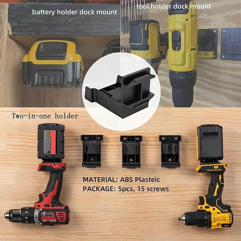 5PCS Power Tool Battery Mount Holder 2 IN 1 Tool Holder for Makita/Dewalt/Milwaukee Battery Tool Storage Rack Bracket