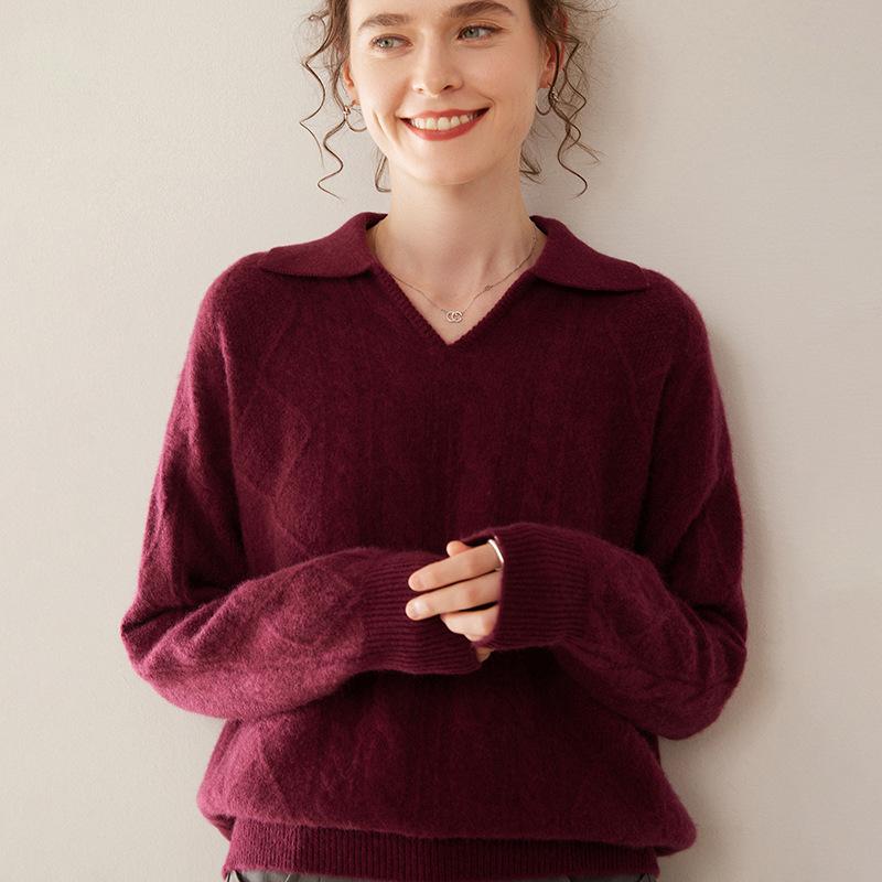 Women's Long Sleeve Three-Strand Twisted Cashmere Polo Sweater - Soft, Loose, Fashionable, and Skin-Friendly