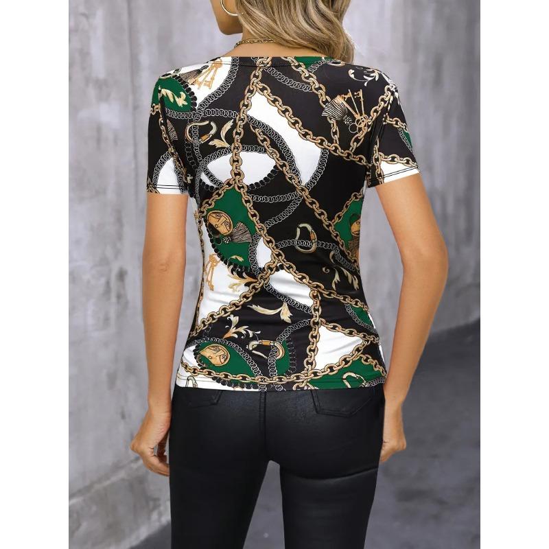Summer V-neck 3D Printed Chain Pattern Top Fashionable Casual Short Sleeved Women's T-shirts