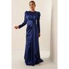 Front Pleat Detailed Lined Long Sleeve Satin Long Dress