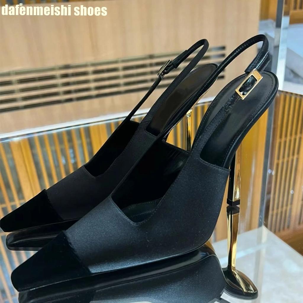 Fashion Satin Fabric Square Toe Metal Thin Heel Women High Heels Back Strap Slingback Fashion Sandals Black/white 2025 New Pumps