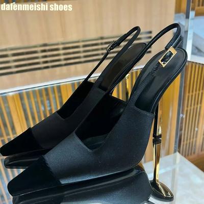 Satin Stoff Eckige Zehenpartie Metall Dünner Absatz Damen High Heels Riemchen hinten Slingback Sandalen Schwarz/weiß 2025 Neue Pumps