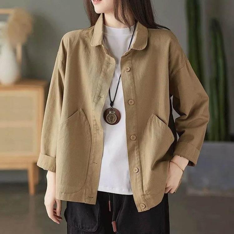 

Vintage Oversize Cotton Coat for Women Casual Loose Top Jacket Solid Color Large Pocket Single Breasted XXXL дубильна кора