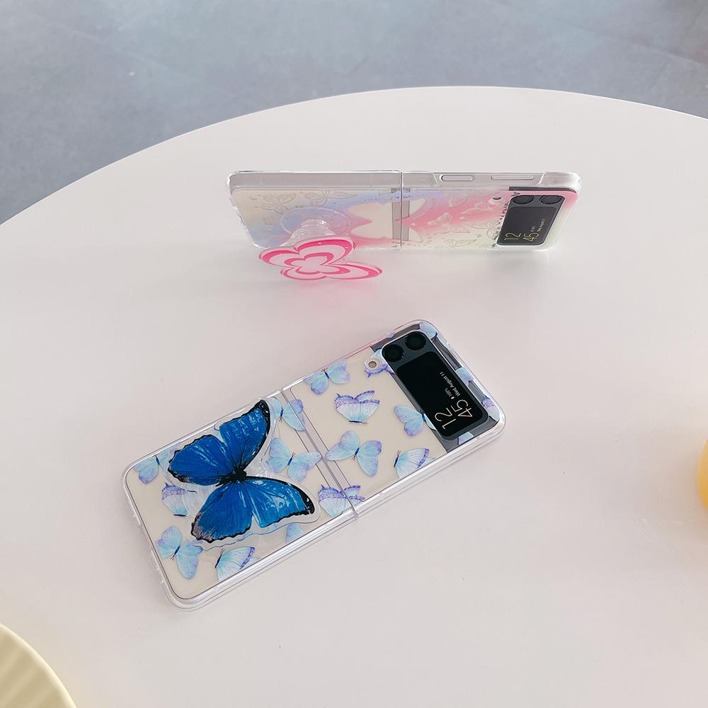 For Samsung Z Flip 4 Case Gradient Butterfly Transparent Case With Holder For Samsung Z Flip 3 Zflip4 Shockproof Hard Back Cover
