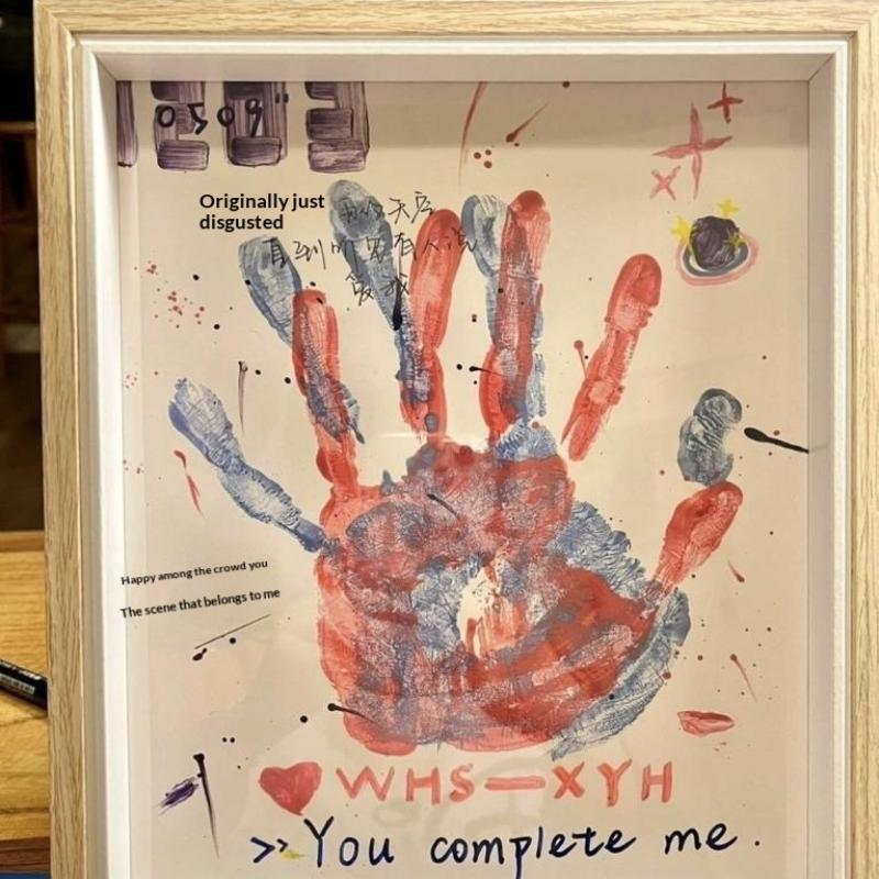 Diy Couple Hand Paint Shadow Box Frame Wooden Handprint Photo Frame 12-Color Paint Set Display Gifts