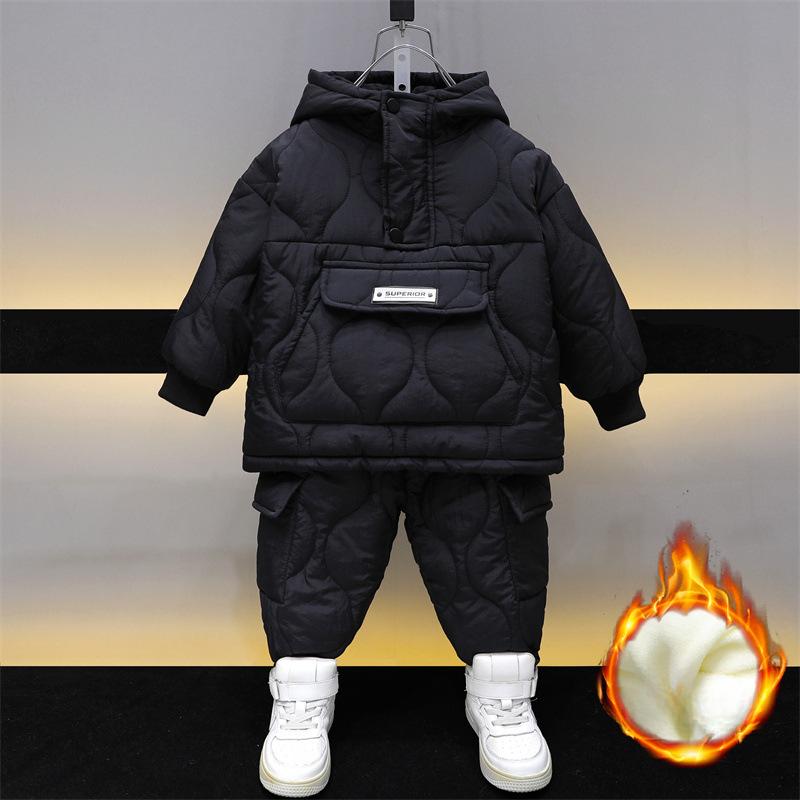 Steppanzug für Jungen, Winteranzug für Kinder, einfarbig, dick, mit Baumwolle gefüttert, zweiteilig, Baby-Winteranzug mit Baumwolle gefüttert