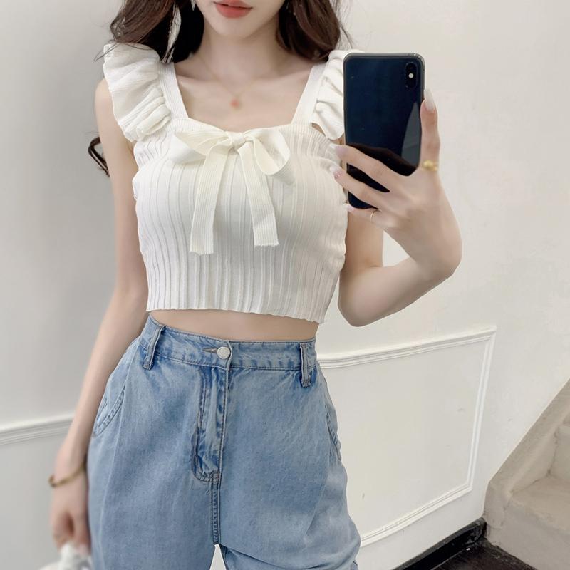 

Летние однотонные майки с квадратным вырезом и оборками для женщин, короткая майка без рукавов с бантом, эластичный топ на талии One Size