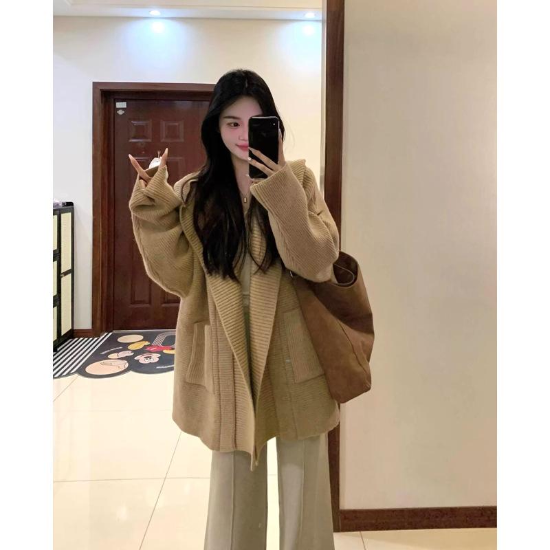 Lazy wind gray lapel hooded sweater jacket women's autumn and winter thickened loose medium and long knitted cardigan top