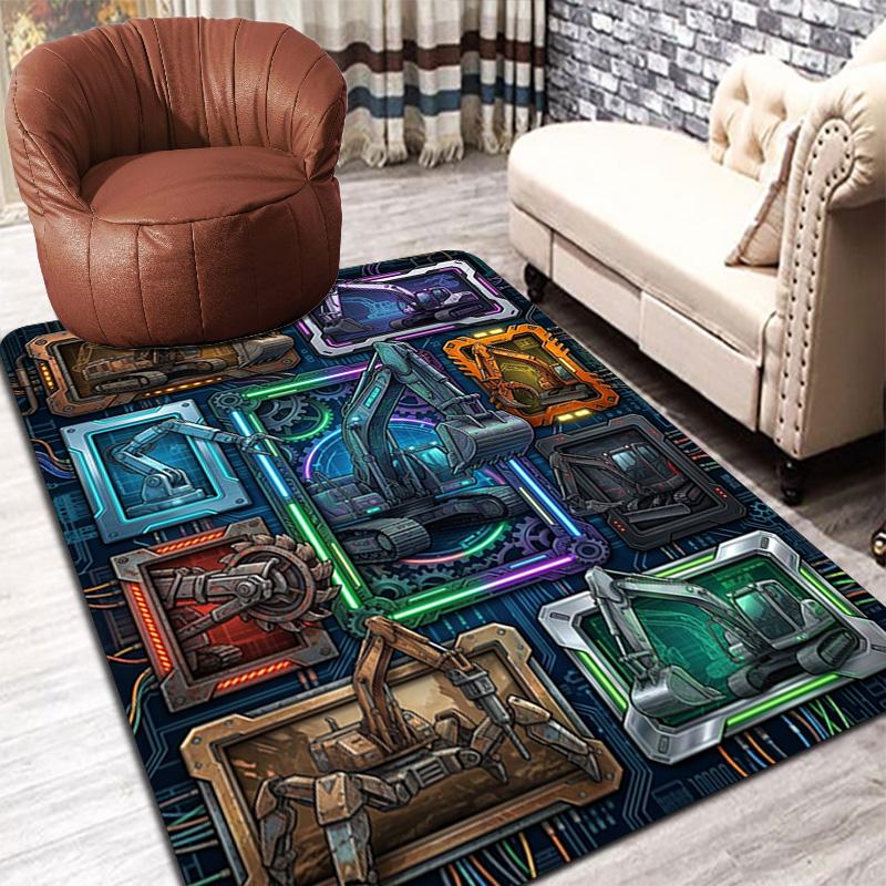 Futuristic Excavator Showcase Pattern Rug Floor Mat for Living Room or Bedroom Soft and Comfortable Carpet a Gift for Birthday and Holiday.