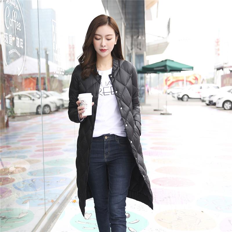 Women's down light and thin down round neck rhombus medium and long women's clothing light and thin down jacket