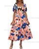 2 New bubble sleeve pleated backless printed high waist short sleeve dress women