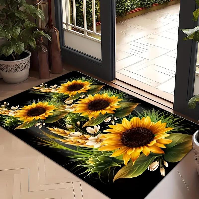 Black Background Sunflower Print Large Rug Soft Living Room Carpet Wear-resistant Floor Mat Sofa Bedroom Home Easy Clean Decor