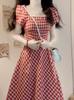 French High-end Red Plaid Dress Women's Summer New Small Unique and Beautiful Waist Pinch Dress