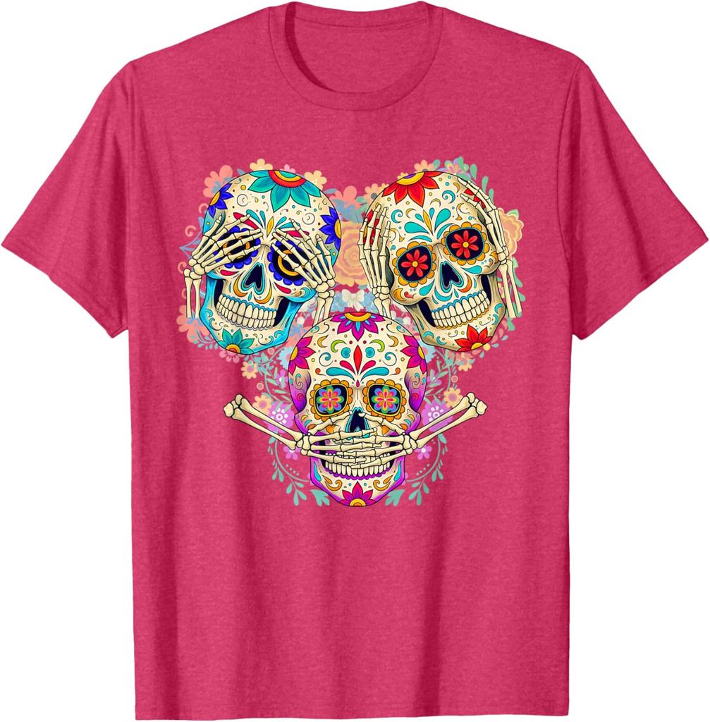Sugar Skull Three Wise Monkeys Day of The Dead Graphic Tee Breathable Men Casual Trip T-Shirt