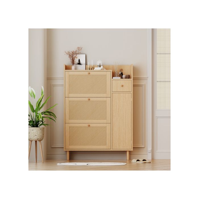 Meuble À Chaussures En Rotin Massif - 3 Portes Battantes Et 1 Tiroir Dimensions : L90/H125/W17cm