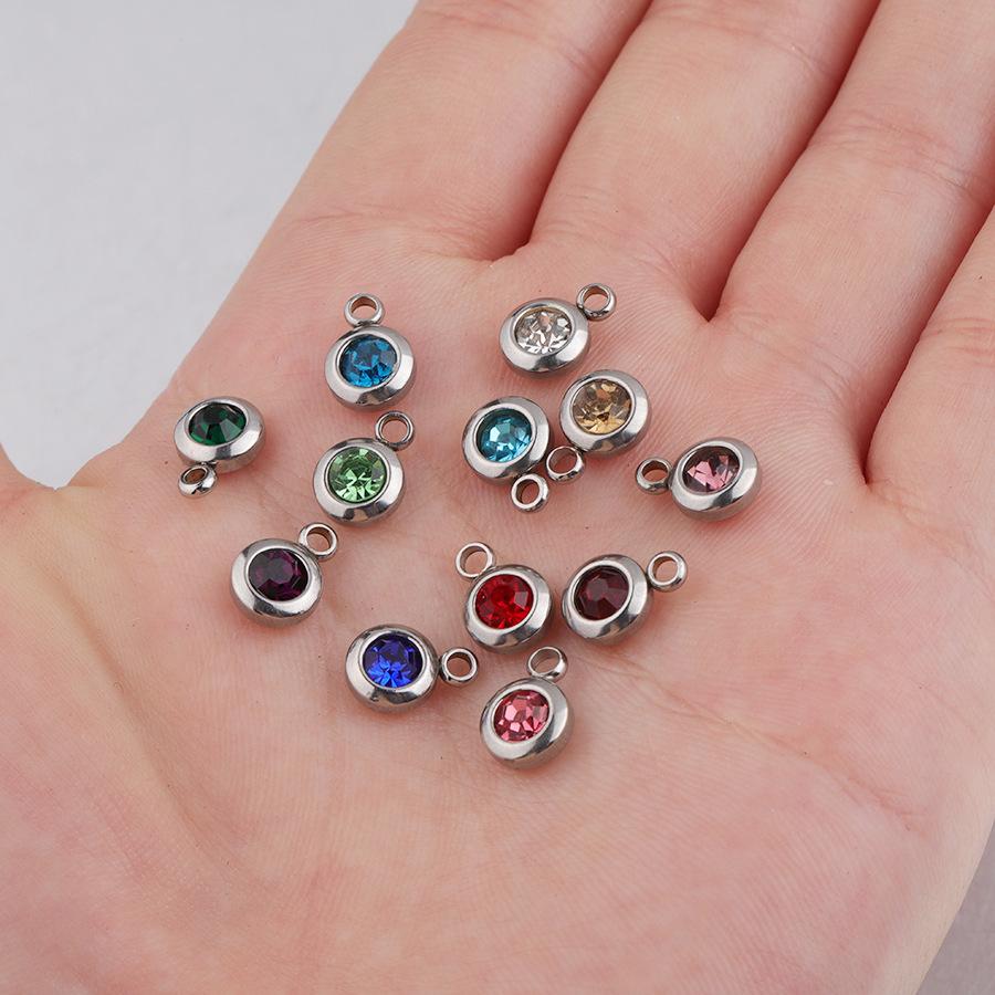New 60 Piece/lot Stainless Steel Crystal Pendant Steel Gold Color 12 Birthstone Charm Round 6mm 6.5mm Rhinestones Charms 1