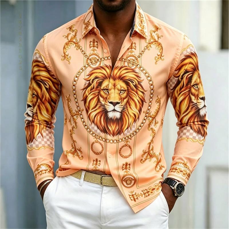 Men's shirt street style animal print shirt white base gilded chain men's slim fit trendy long sleeved business casual shirt