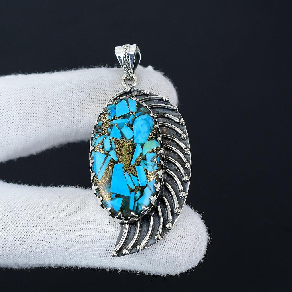 Natural Blue Copper Turquoise Gemstone Silver Pendant In 925 Sterling Silver- Handmade Design, Everyday Wear Jewelry, Unique Pendant Thanksgiving Gift