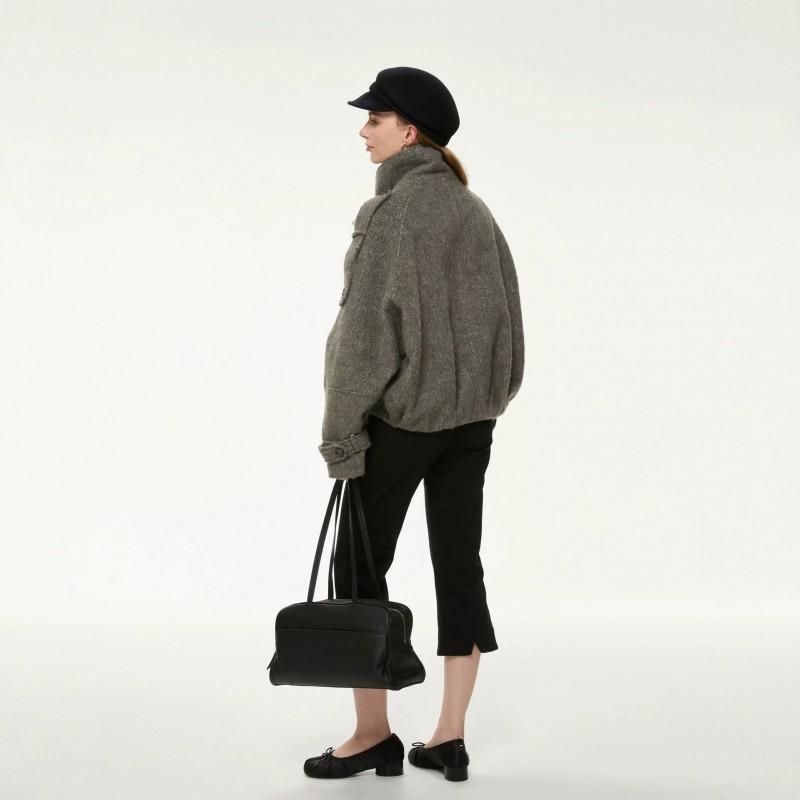 2026 Winter Womens Relaxed Fit Double-Breasted Wool Blend Coat Casual Stand Collar Outerwear Daily Wear