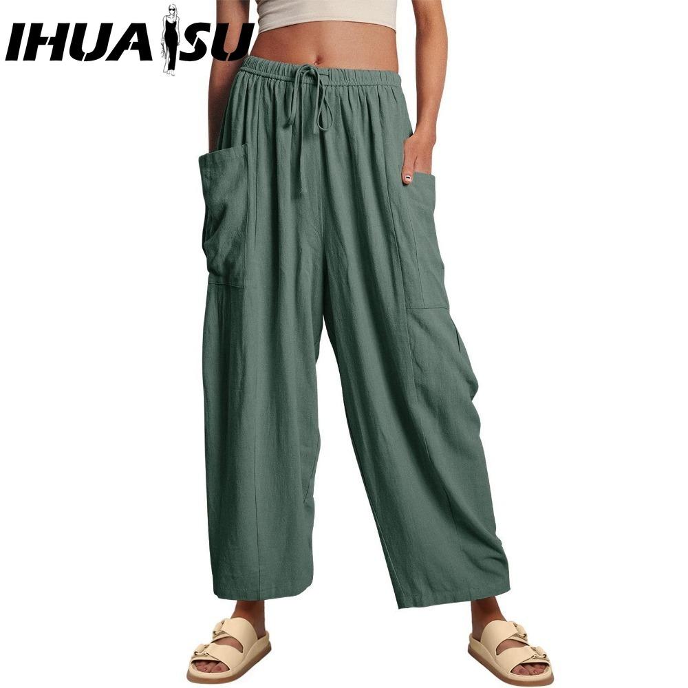 IHUASU Moda feminina casual cor sólida estampa cintura alta calças e capris