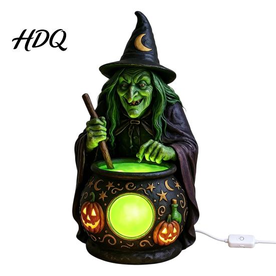 Luce LED Calderone Strega Statua Halloween con Calderone Luminoso Alimentato da USB Resina Nero Decorazione Atmosfera Festa Pentola Statuetta Verde/Viola per