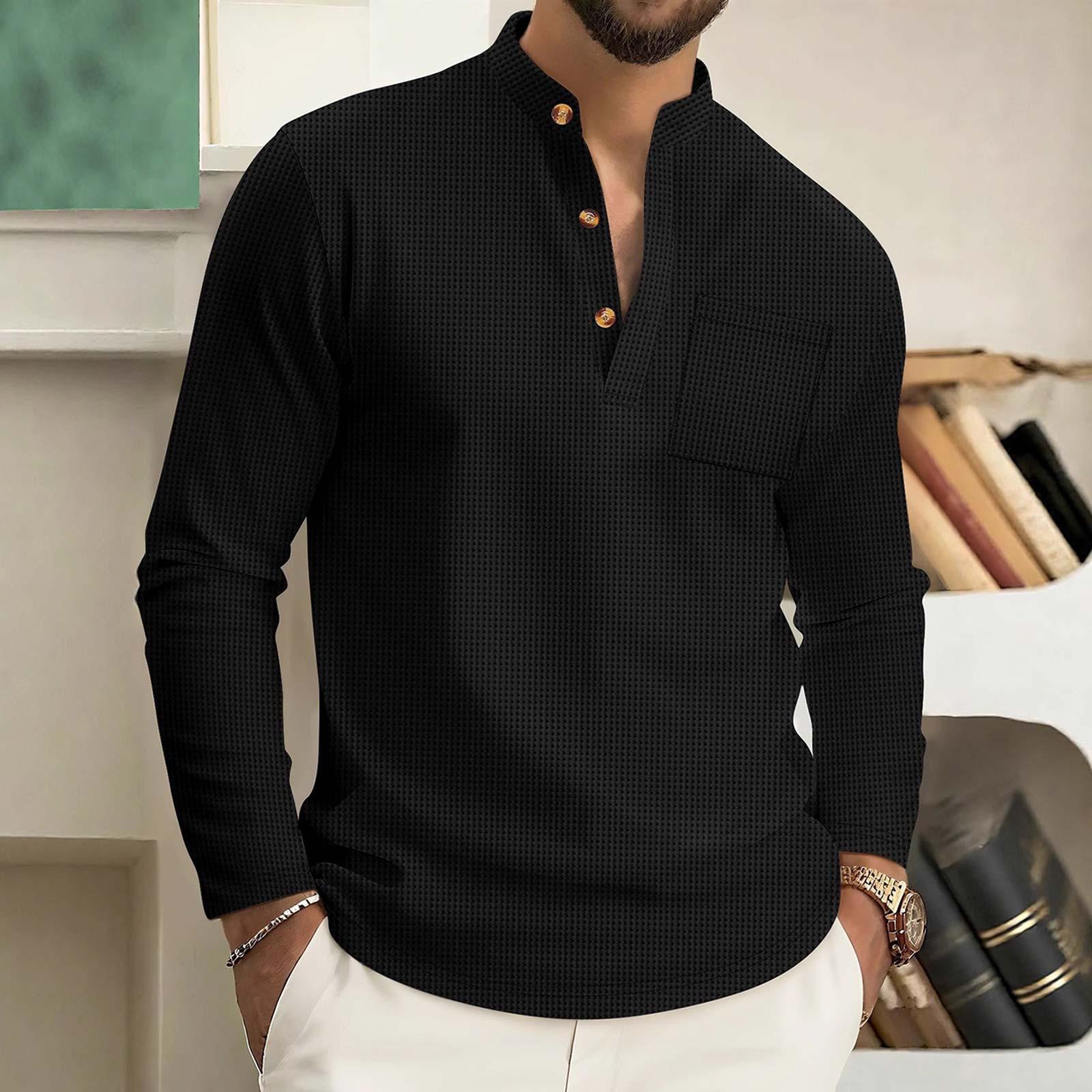 

Men s Solid Color Stand Collar Pocket Long Placket Three Breasted Long Sleeves L чёрный