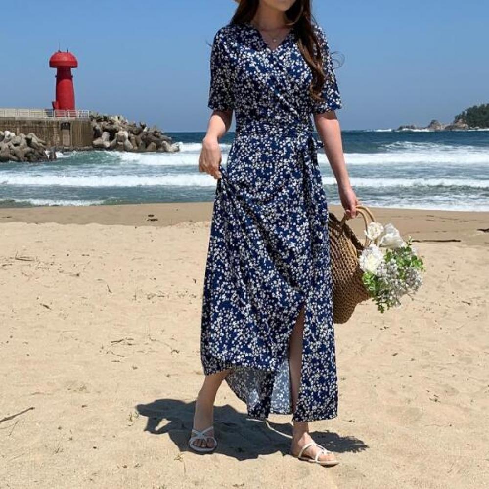 New Arrivals Open Run Women Summer Long Floral Wrap Dress Travel Style