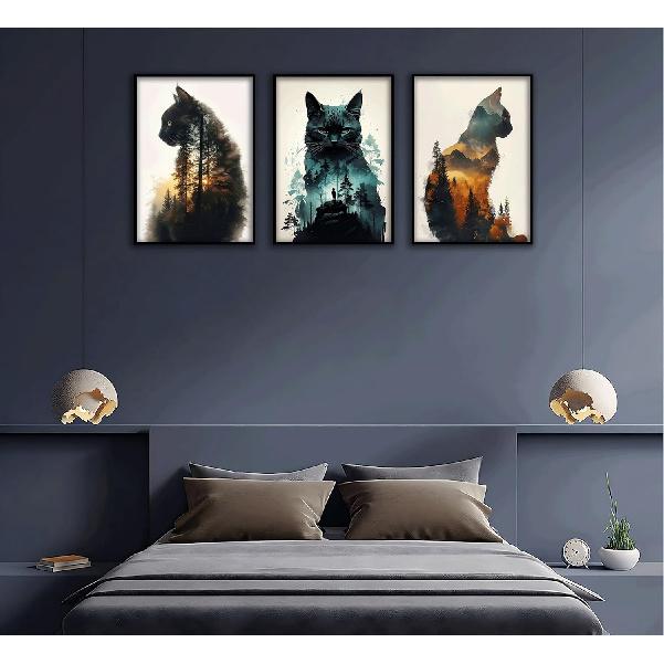 Funny Animals Canvas Wall Art Cute Black Cat and Forest Theme Pictures Wall Decor Abstract Sunset Mounta Nature Landscape Poster Painting Prints