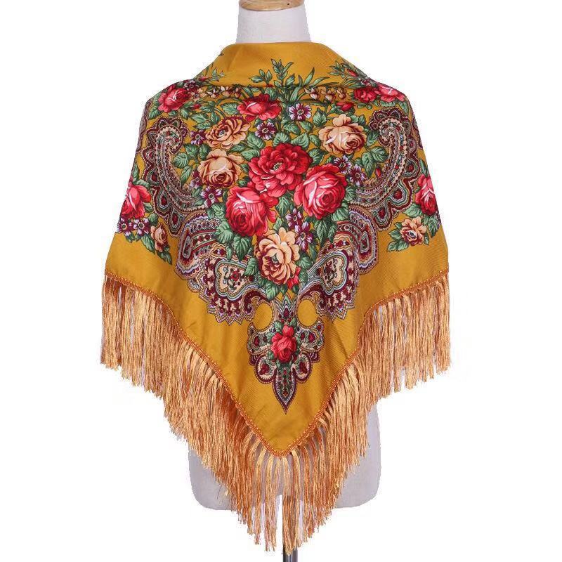 JiyunD Tradition Winter Keep Warm Russia Printing Women with Tassels Shawl Large Handkerchief Flower Scarf