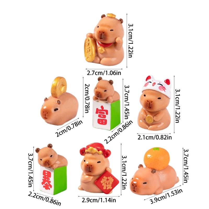 Miniature Capybara Figurines Set of 7 Tiny Resins Animals Statues for New Year or Birthday Decoration Attracting Wealth