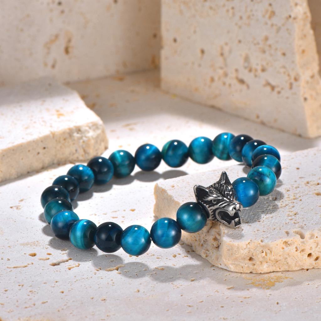 New Black Agate Tiger Eye Stone DIY Bracelet with Personalized Wolf Head Stainless Steel Trendy Men's Beaded Bracelet