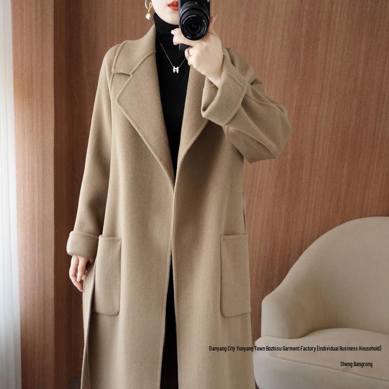 Damen Beiger Wollmantel mit doppelseitigem Stoff - Locker geschnitten, verdickt, koreanischer Stil für Herbst/Winter 2025.