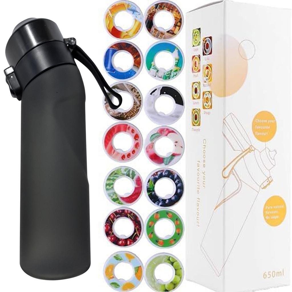 Bottiglia d'acqua sportiva da 650 ml con capsule in 14, il materiale non teme le alte temperature e la frutta naturale rende l'acqua potabile sicura.