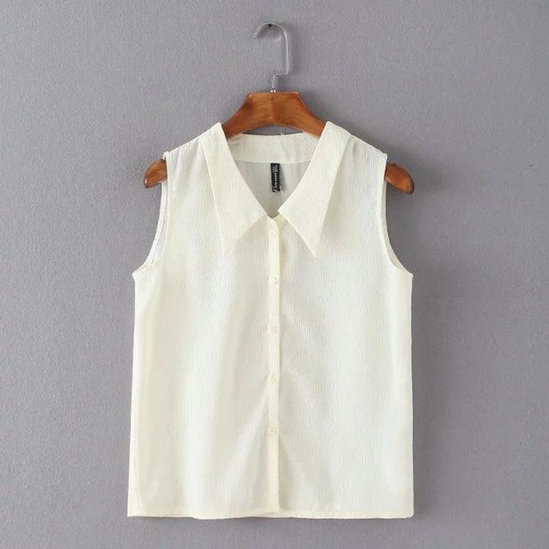 

Женская Новая Летняя Новая Однотонная Модный Стиль Свободного Силуэта Стройнящая Универсальная Рубашка Без Рукавов на Одной Пуговице Beige L