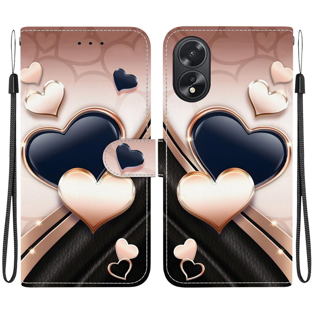 Handmade PU Leather Flip Case for Oppo A38/Oppo A18 Anti-Slip Shockproof Cover with Wrist Strap & Heart/Rose Cat Designs