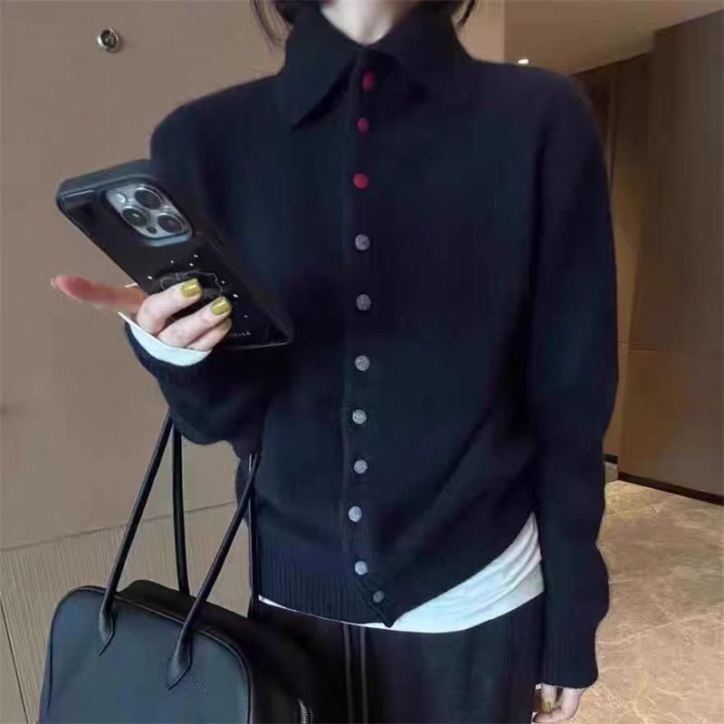 Women's Dark Grey Knit Wool Lapel Sweater - Autumn/Winter 2025 Collection