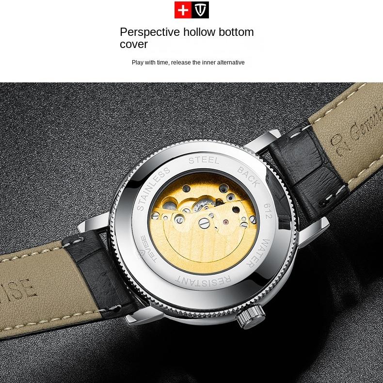 TEVISE Uhr Herren Hollow Fashion Leder Herrenuhr Im Dunkeln leuchtende automatische mechanische Uhr