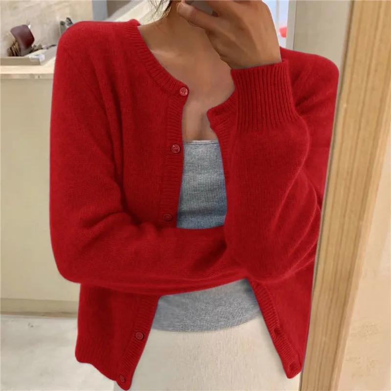 Cardigan lavorato a maglia tinta unita per donna, coreano, monopetto, a maniche lunghe, con scollo rotondo, coordinato, cardigan da donna