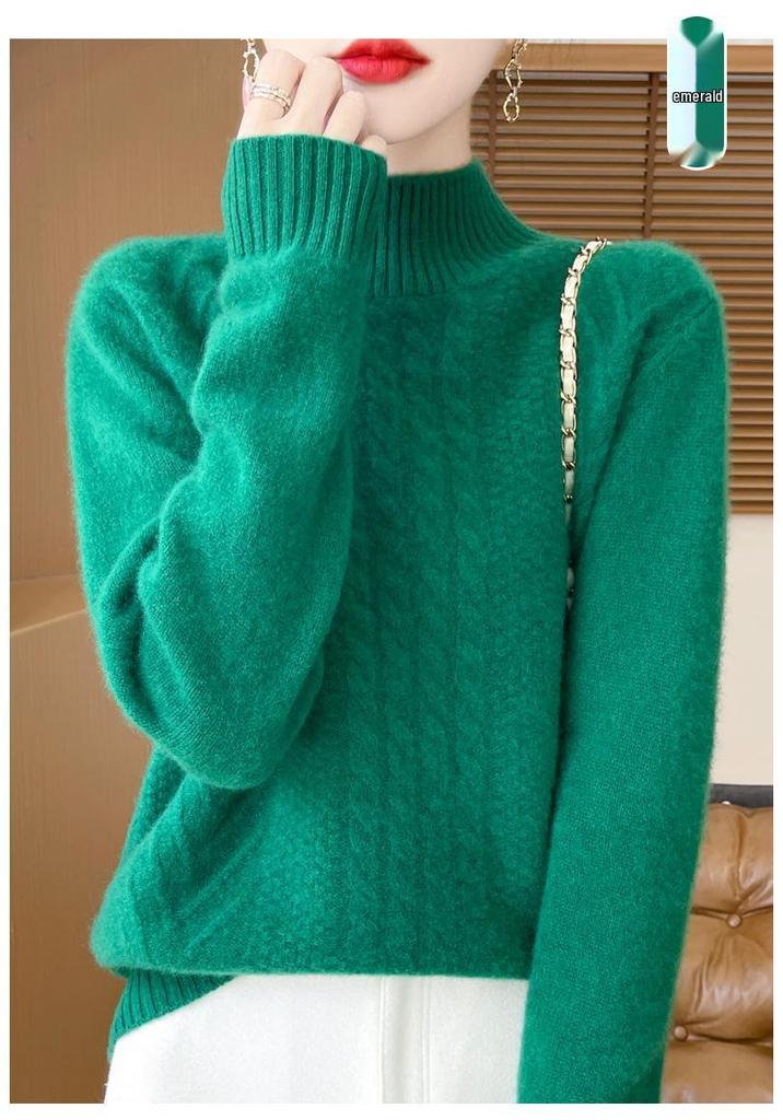 2024 Women's Thick Wool Cable Knit Half-High Neck Pullover Sweater for Autumn and Winter.