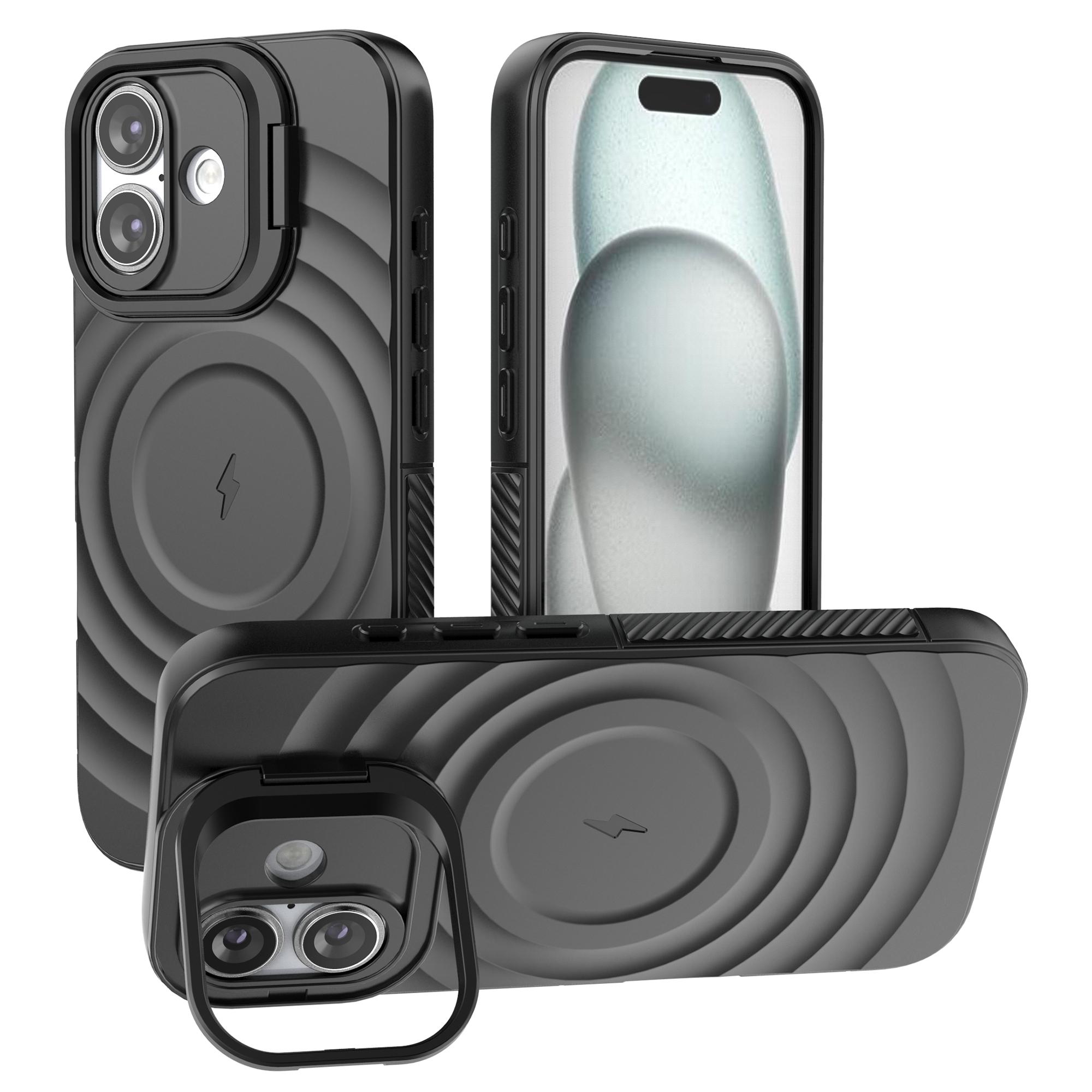 

For iPhone 16 Magnetic Case PC Kickstand Ripple Texture TPU Phone Cover Black