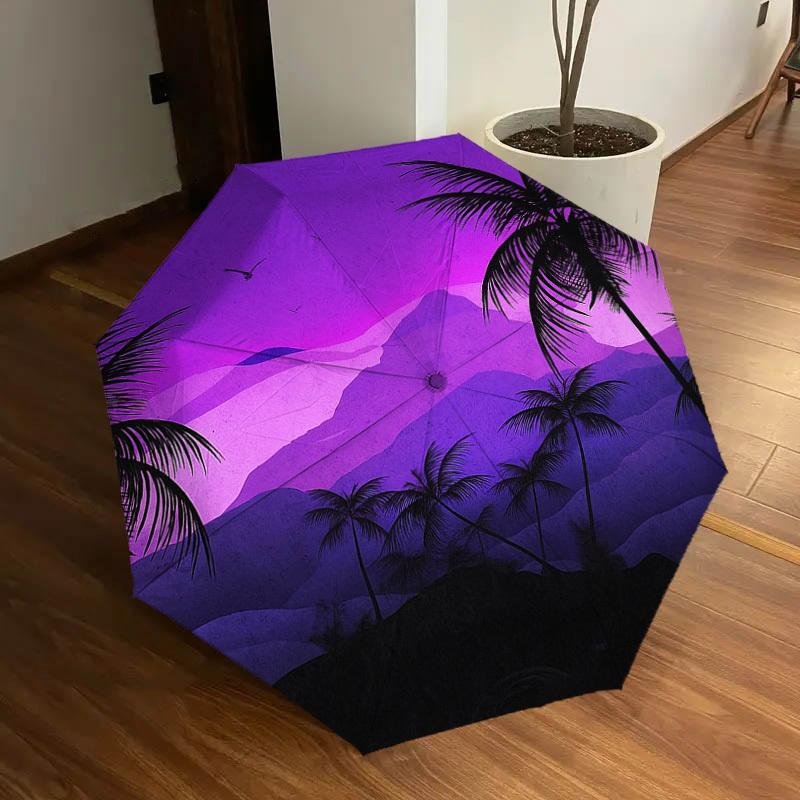1PC Palm Trees Purple Landscape Pattern Small Travel Compact Windproof Umbrella, Automatic Folding Umbrella, Automatic Open/Close ,Gift-171