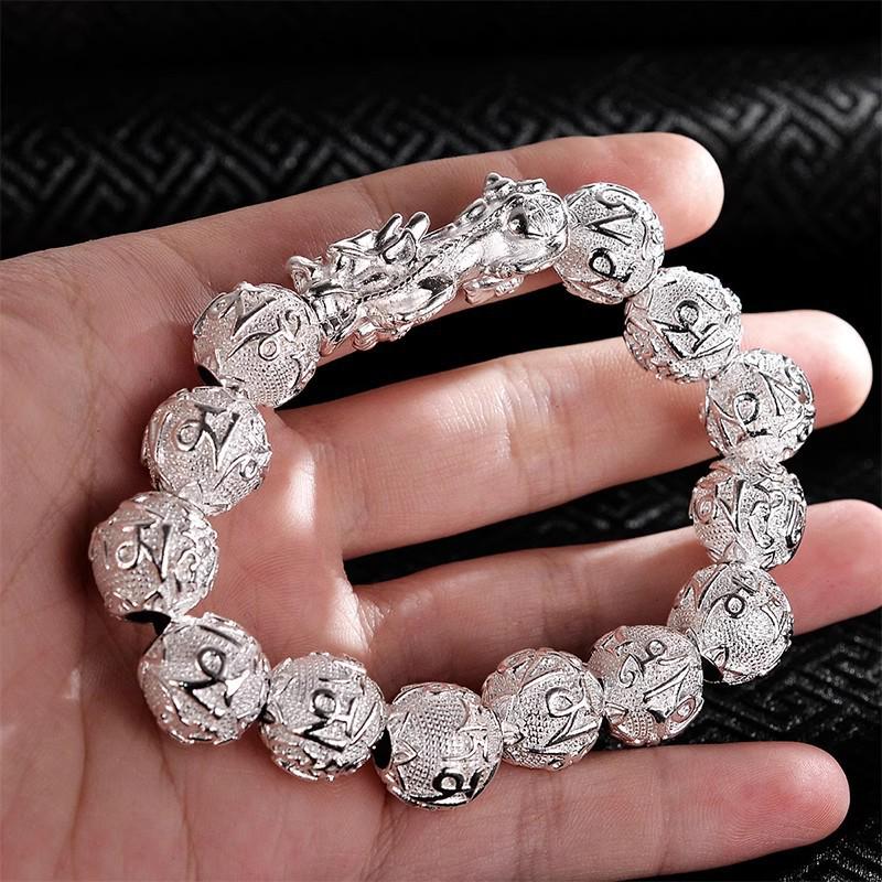 Ancient Silver Round Beads Pixiu Bracelet - Men's & Women's Retro Silver-Plated Couple Jewelry Accessory.