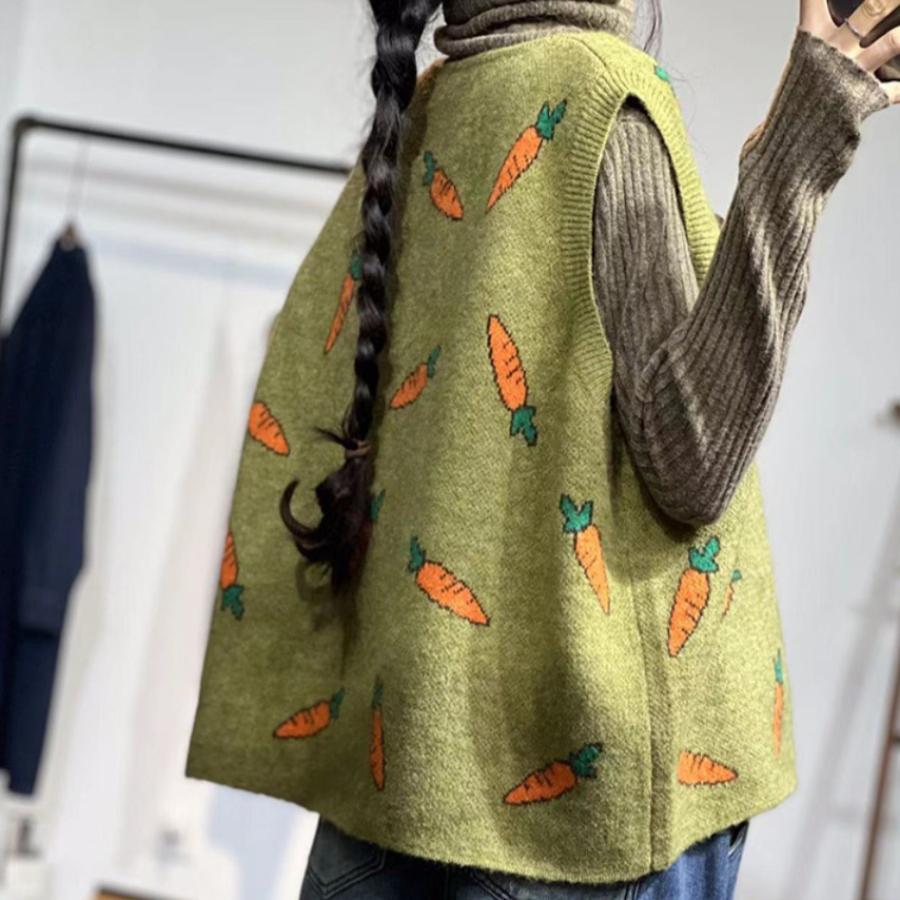 Gilet Autunnale da Donna Senza Maniche con Bottoni e Stampa, Maglioni Girocollo a Maglia, Stile Casual, Maglione Largo