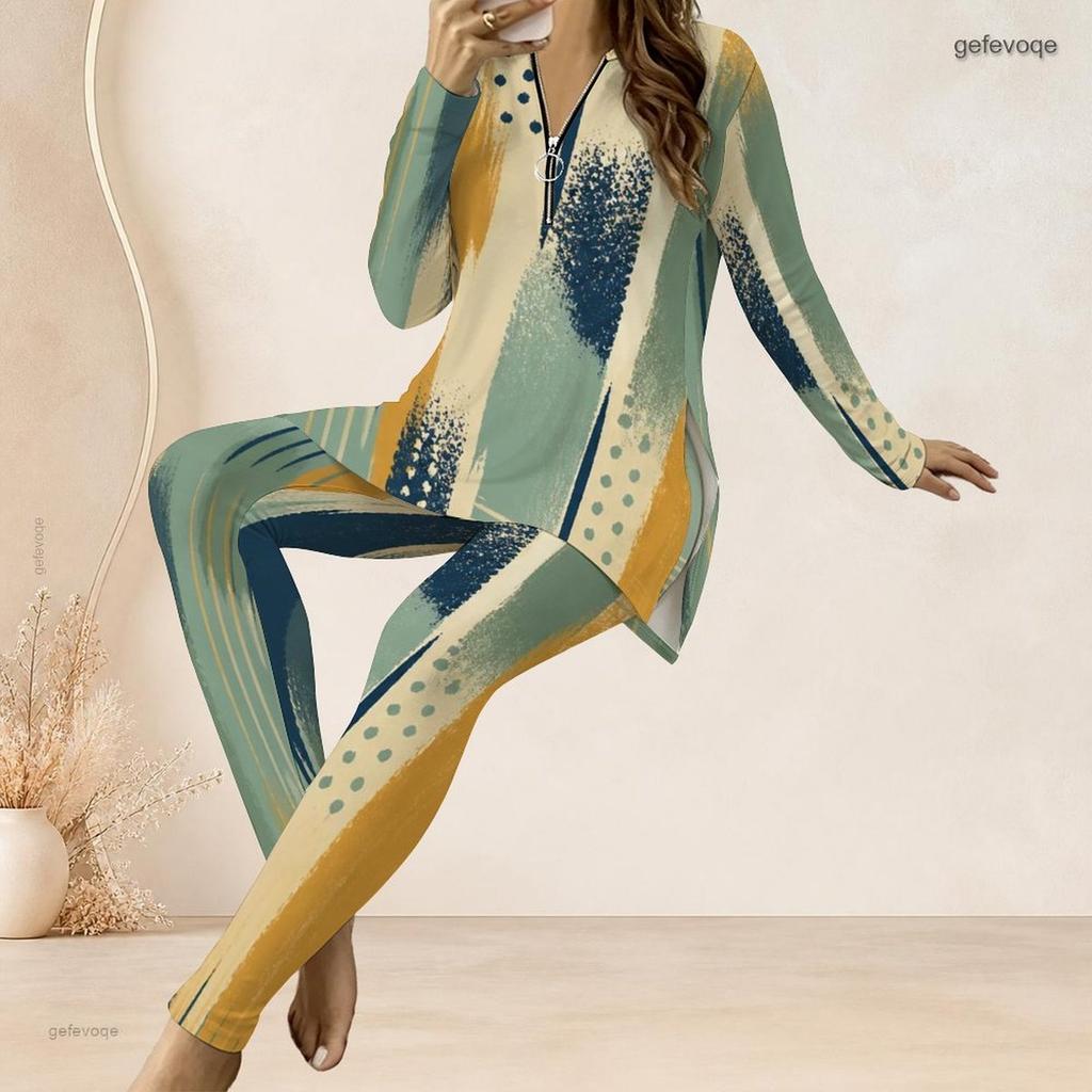 Women Plus Size Green Yellow Printed Half Zip Long Sleeve Top And Long Pants Two Piece Set