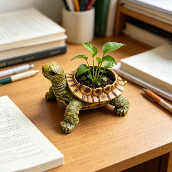 Small Turtle Planter Resin Turtle Shaped Flower Pot with Drainage Holes Cute Animal Cacti Pots for Office Home Desktop Decor
