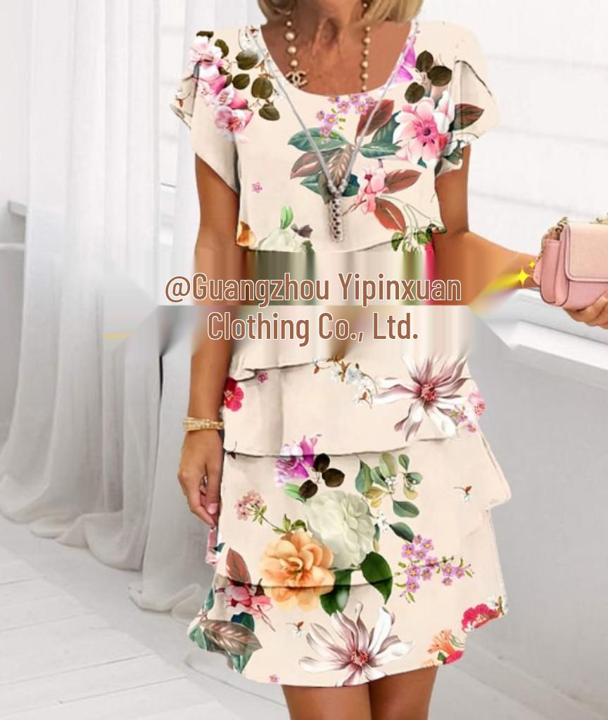 European and American 3D Print Short Sleeve Chiffon Dress