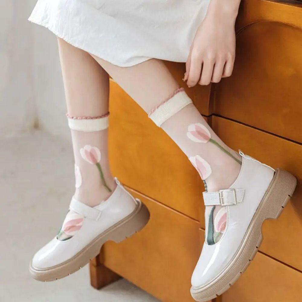 Breathable Women Summer Socks Transparent Girls Mid-calf Socks Casual Lace Socks