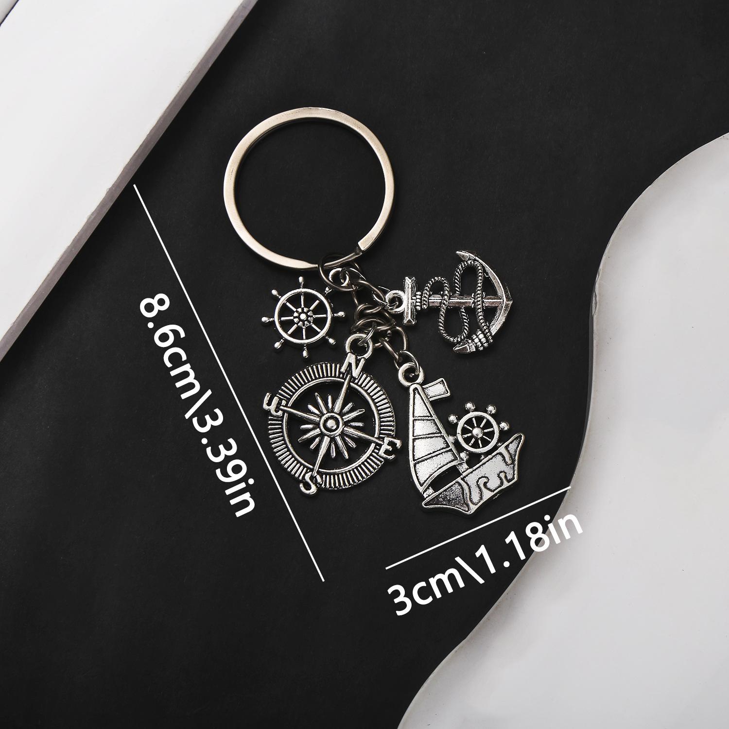 Nautical Sailboat Wheel & Compass Keychain Pendant - Antique Silver